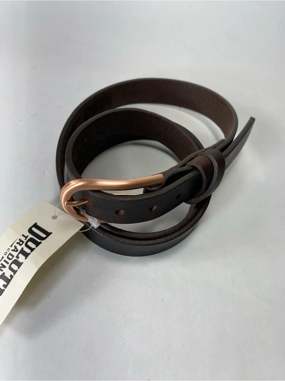 Duluth Trading Co Dark Brown Leather Belt with Rose Gold Buckle L NWT